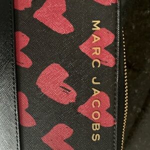 Marc Jacobs Black Wallet with Red Heart Print and Gold Logo